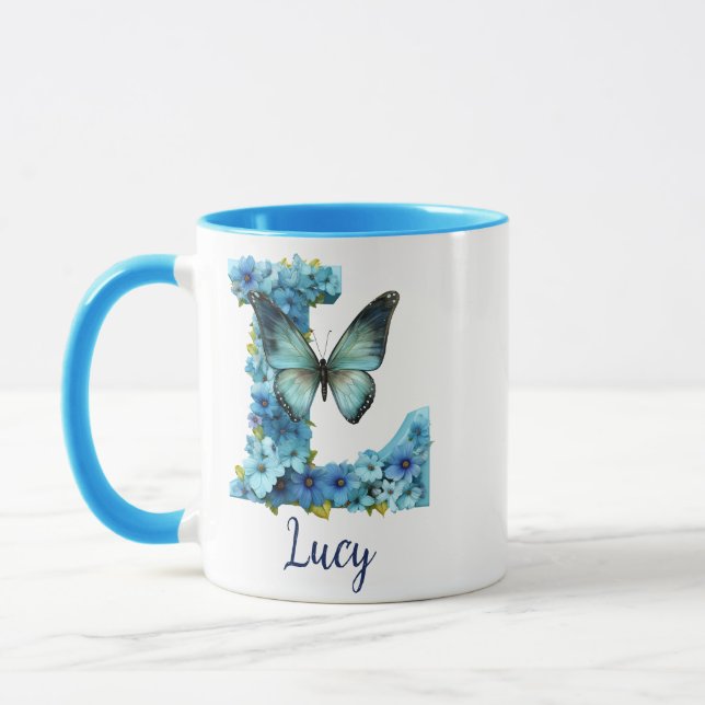 Caneca de café floral azul monogramada de 11 oz (Esquerda)