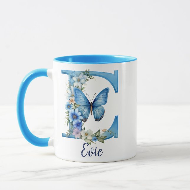 Caneca de Café Floral Azul Monogramada de 11 oz (Esquerda)