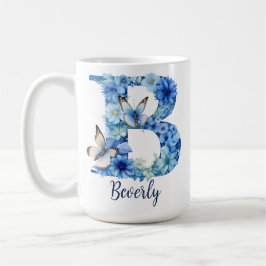 Caneca de Café Floral Azul Monogramada de 15 oz