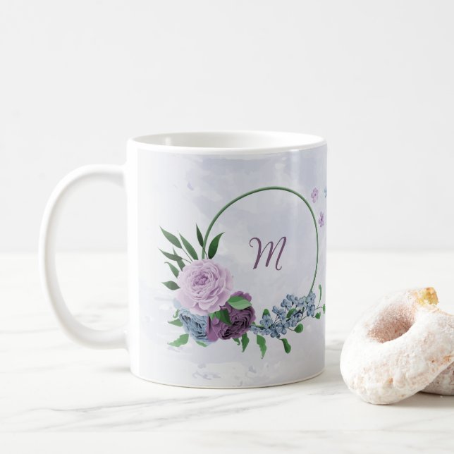 Caneca De Café Floral azul poeira roxo  (Com Donut)