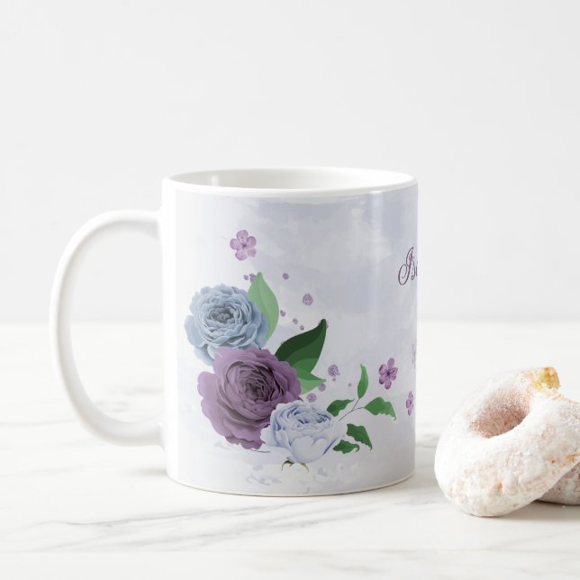 Caneca De Café Floral azul poeirento roxo (Com Donut)