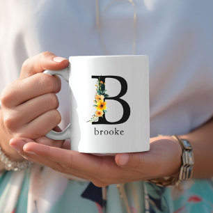 Caneca De Café Floral B Monograma Mug com Nome Editável