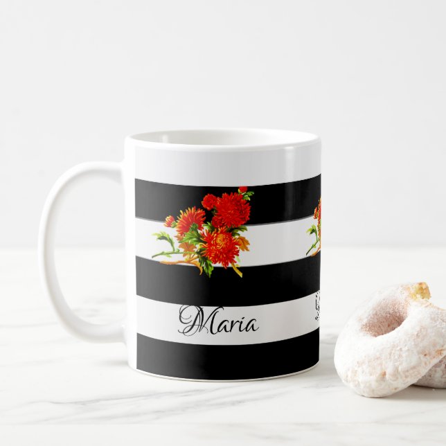 Caneca De Café Floral Black and White Stripe Mug (Com Donut)