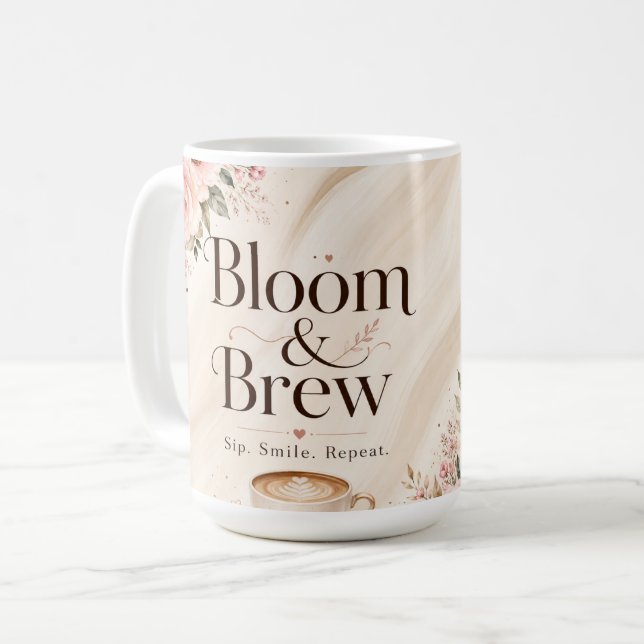 Caneca de café floral Bloom & Brew. (Frente Esquerda)