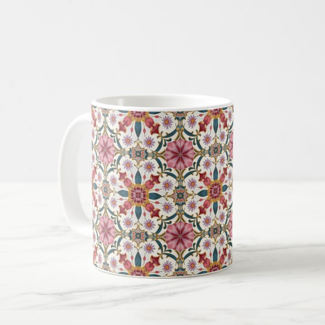 Caneca De Café Floral Boho Pattern in Red, Pink & Teal (Frente Esquerda)