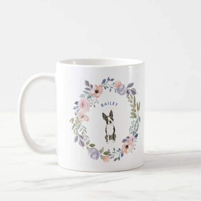 Caneca De Café Floral bonito | Boston Terrier Dog (Esquerda)