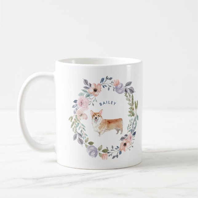 Caneca De Café Floral bonito | Cachorro de Corgi (Esquerda)