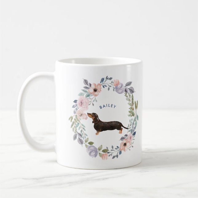Caneca De Café Floral bonito | Cão-De-Dachshund (Esquerda)