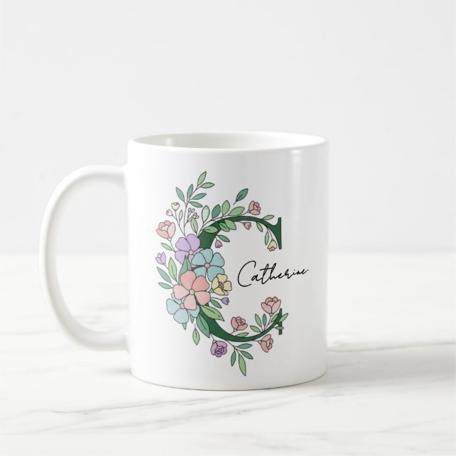 Caneca De Café Floral Botanical Monogram | Custom Text Elegant Co (Esquerda)
