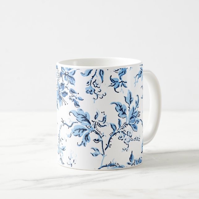 Caneca De Café Floral Branco e Azul Delft Elegante (Frente Esquerda)