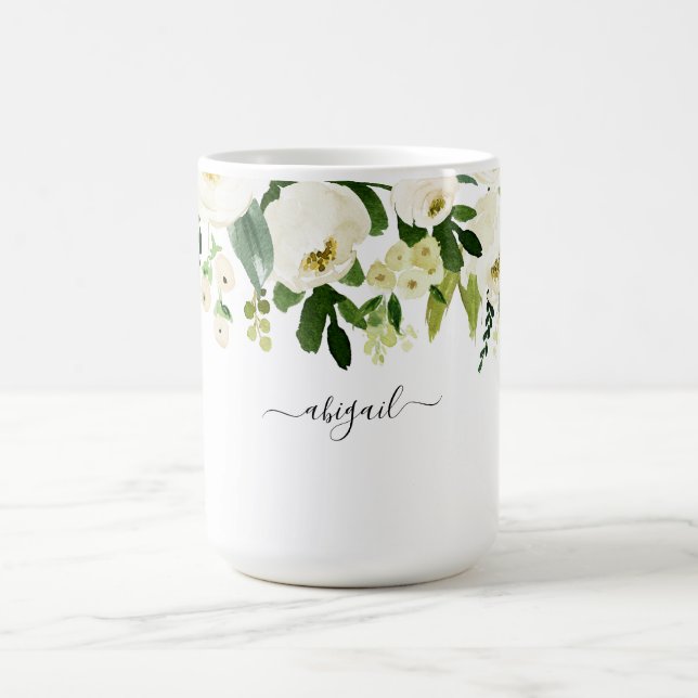 Caneca De Café Floral Branco Elegante Nome Personalizado (Centro)