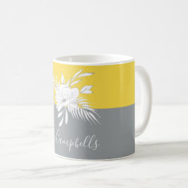 Caneca De Café Floral Branco Moderno no no Colorblock Personaliza