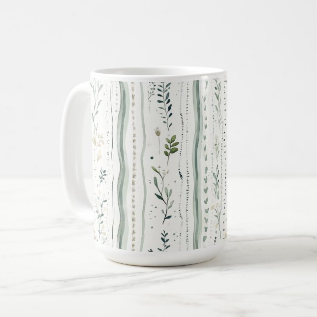 Caneca De Café Floral Branco Verde Natural Folhas Abstrato (Frente Esquerda)