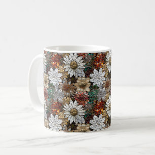 Caneca De Café Floral Branco Vermelho Dourado