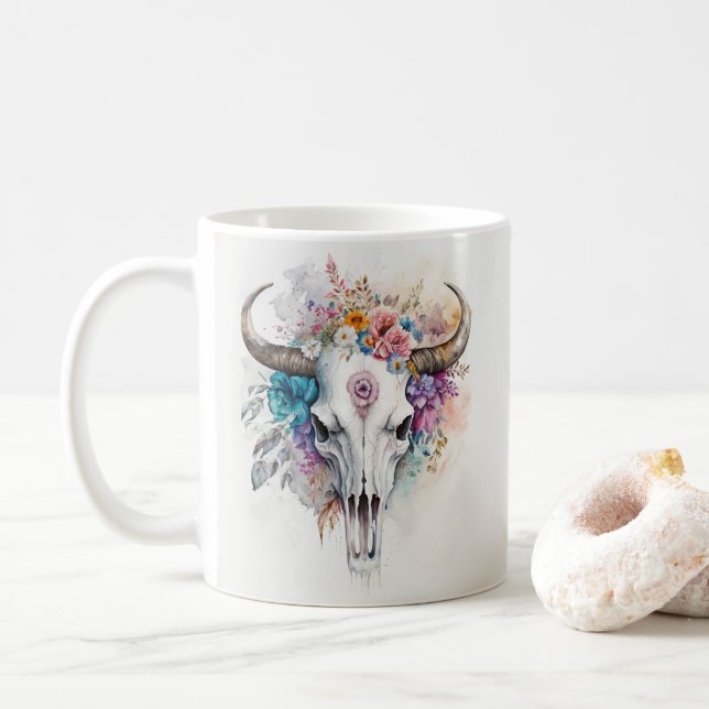 Caneca De Café Floral Bull Skull Watercolor Art (Com Donut)