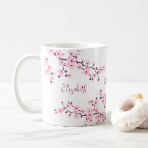 Caneca De Café Floral Cereja Flor Blossom Monograma Cor-de-Rosa