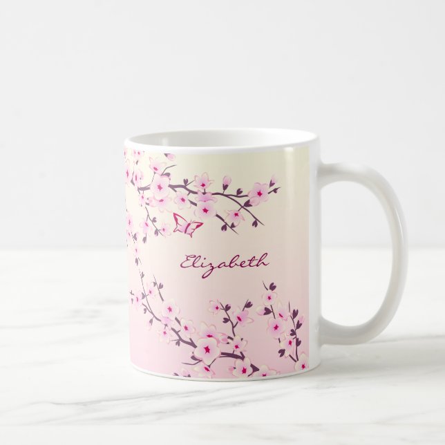 Caneca De Café Floral Cherry Blossom Monograma Rosa Girassol (Direita)