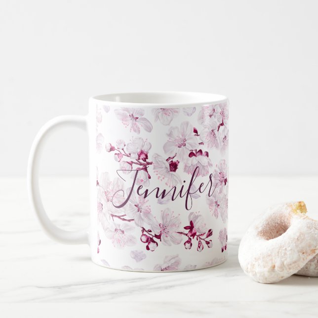 Caneca De Café Floral Cherry Blossom Sakura Nome personalizado Gi (Com Donut)