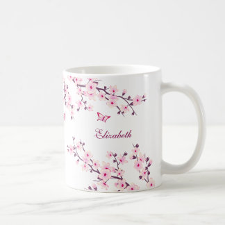 Caneca De Café Floral Cherry Blossom Seu Nome Monograma Mug