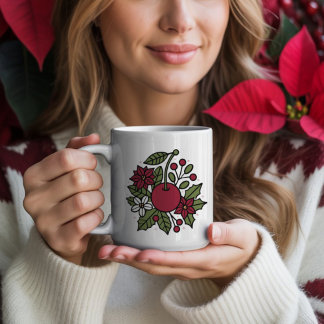 Caneca De Café Floral cherry with poinsettia festive botanical