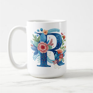 Caneca de café floral com a letra R e nome persona