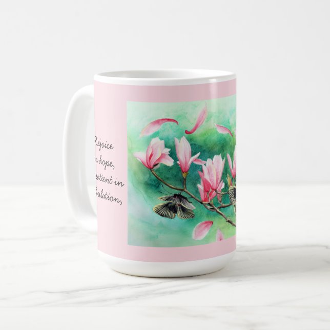 Caneca De Café Floral com Borboletas, com Verse Romans 12:12 (Frente Esquerda)