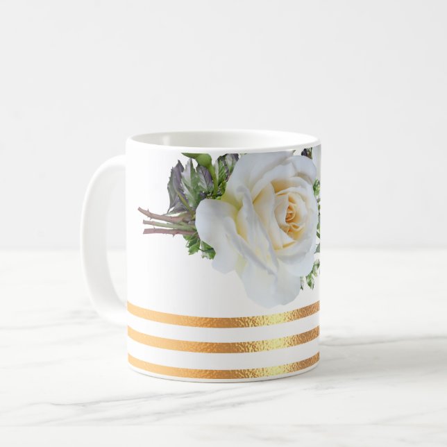 Caneca de Café Floral com Borda Dourada (Frente Esquerda)