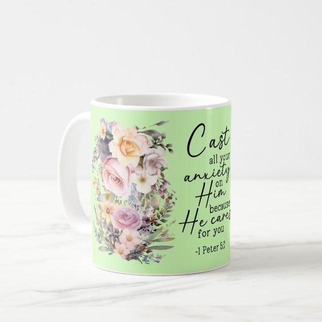Caneca de Café Floral com Versículo Bíblico Cristã (Frente Esquerda)