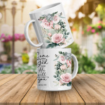 Caneca de café floral com versículo bíblico cristã