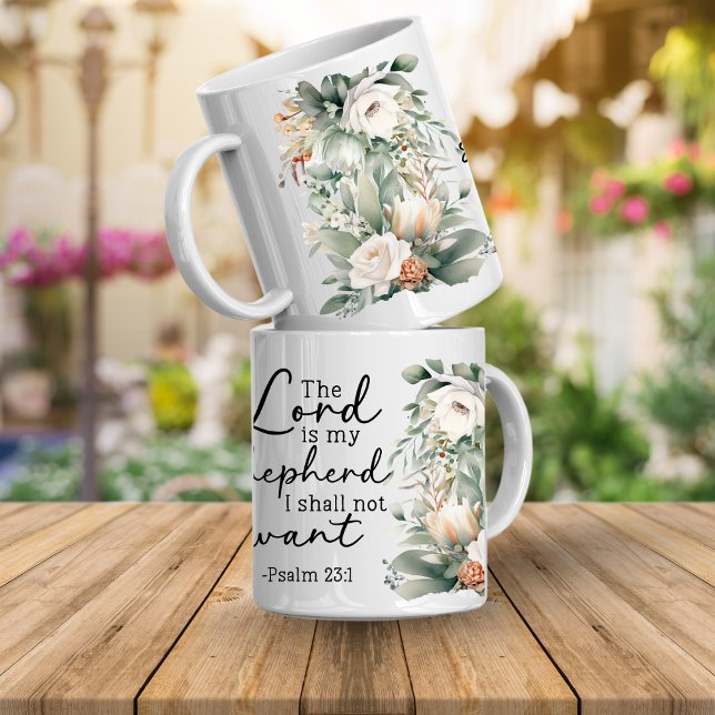 Caneca de Café Floral com Versículo dos Salmos (Psalms bible verse Mug. The Lord id my shepherd i shall not want Psalms 23:1)