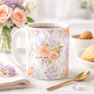 Caneca de Café Floral Cottagecore Rosa Peachy Lava