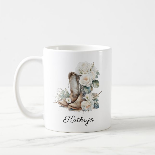 Caneca De Café Floral CowGirl Boots Peonies Personal Coffee Mug (Esquerda)