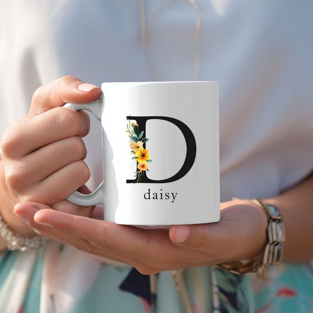 Caneca De Café Floral D Monograma Mug com Nome Editável (Floral D Monogram Mug with Editable Name. Yellow, Orange & Greenery Watercolor Flowers.)