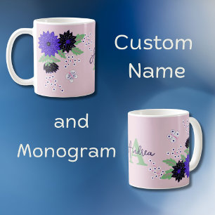 Caneca De Café Floral Dahlia Bloom Buquê Nome do Monograma Person