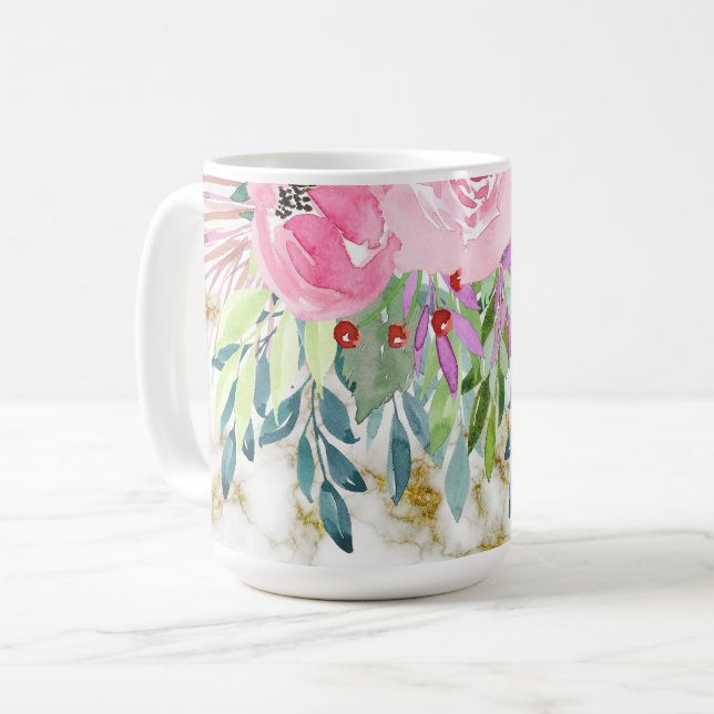 Caneca De Café Floral de Aquarela e Ouro Marble (Frente Esquerda)