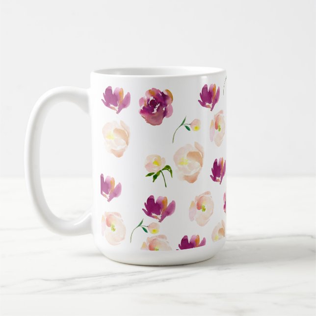 Caneca De Café Floral de Aquarela Rosa Burgundy (Esquerda)