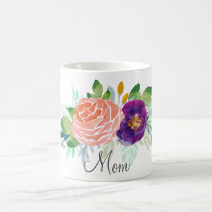 Caneca De Café Floral de Cor de Água Rosa e Púrpura