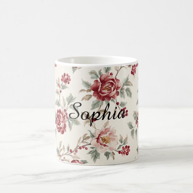 Caneca De Café Floral de Creme Vermelho Pretty Chic   (Centro)