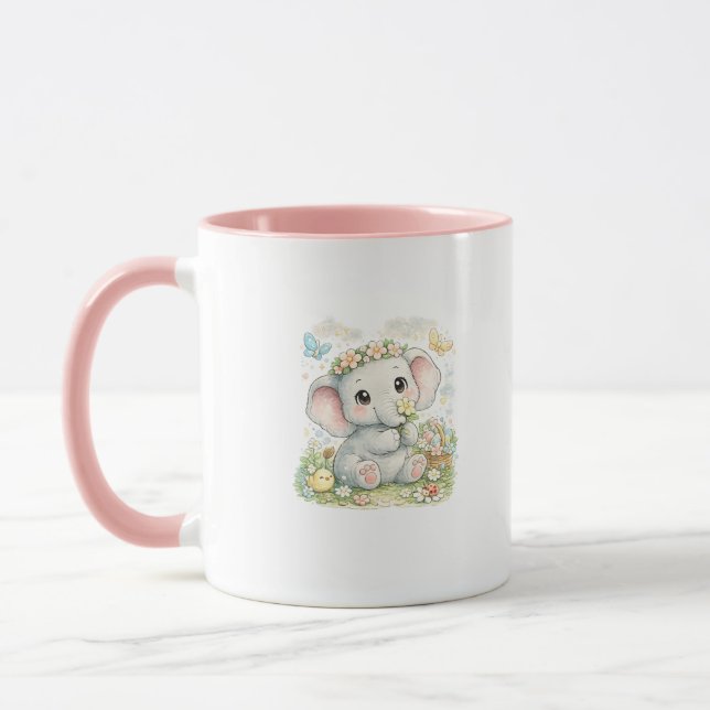 Caneca de Café Floral de Elefante Bebê Fofo (Esquerda)