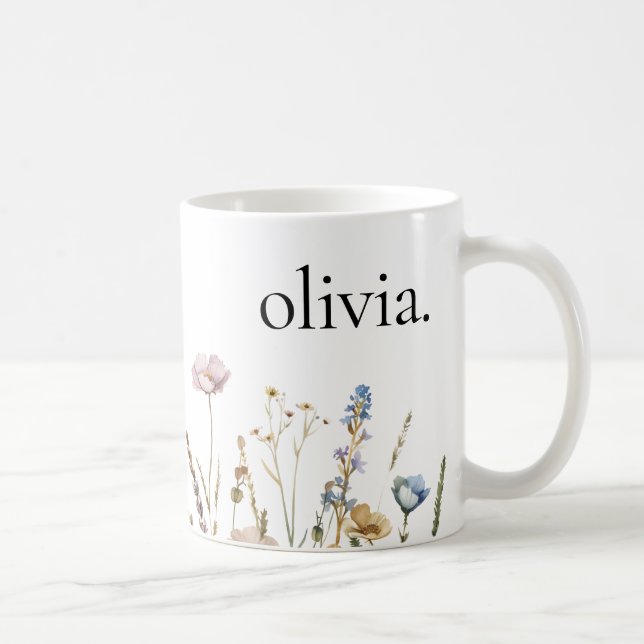 Caneca De Café Floral de Flor Selvagem Clássico Monograma (Direita)