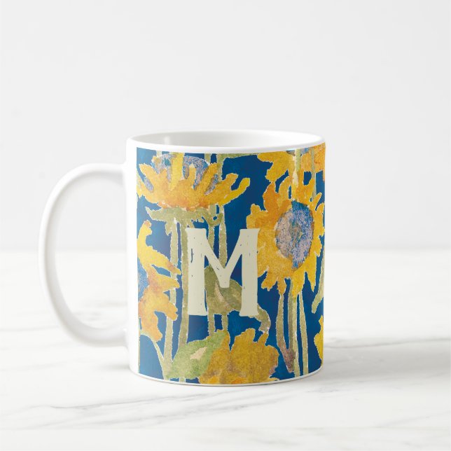 Caneca De Café Floral de Girassol Amarelo Monograma Inicial (Esquerda)