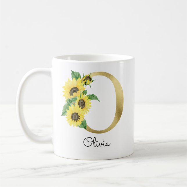 Caneca De Café Floral de Girassol Dourado Monogramado Inicial O (Esquerda)