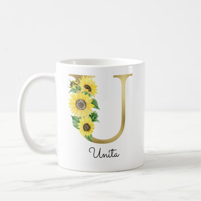 Caneca De Café Floral de Girassol Dourado Monogramado Inicial U (Esquerda)