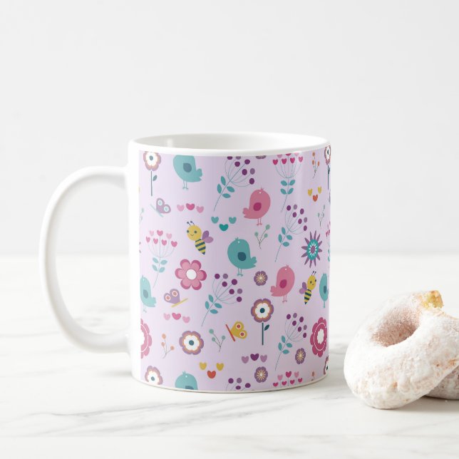 Caneca De Café Floral de Pássaros, Abelhas e Borboletas (Com Donut)
