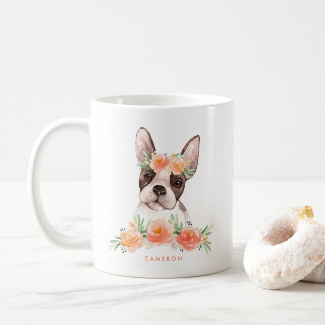 Caneca De Café Floral de Pêssego Terrier de Boston com Cana d'águ (Com Donut)