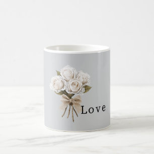 Caneca De Café Floral de Rosas Brancas de Renda Falsa Cinza Bonit