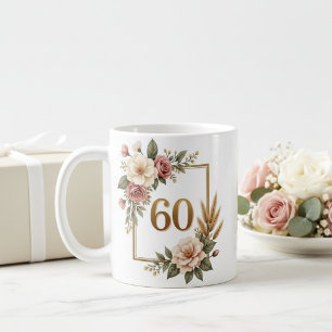 Caneca De Café Floral Elegante Aniversário de 60 anos Nome e Data