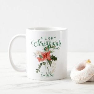 Caneca De Café Floral Elegante Red Watercolor Feliz Natal