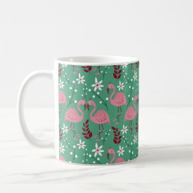 Caneca De Café Floral flamingo sem costura, padrão rosa verde (Esquerda)