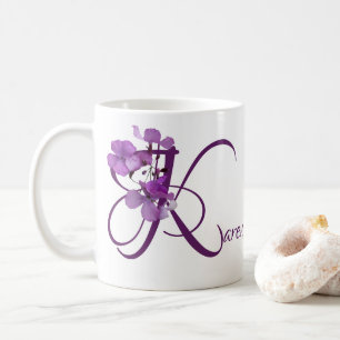 Caneca De Café Floral flores roxas nome Karen personalizável